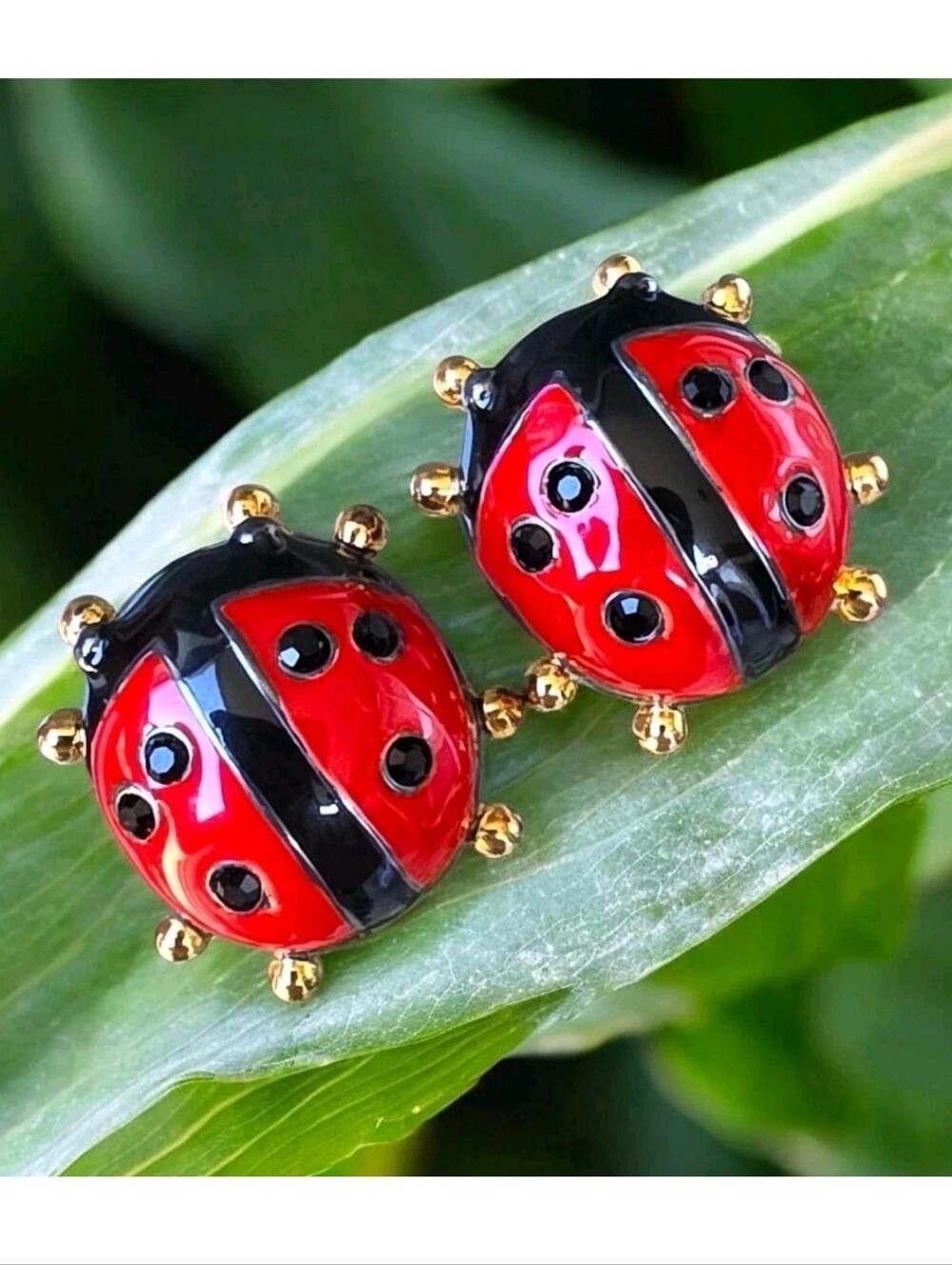 Vintage Signed Best Red Enamel Cute Ladybug Figural Clip On Earrings